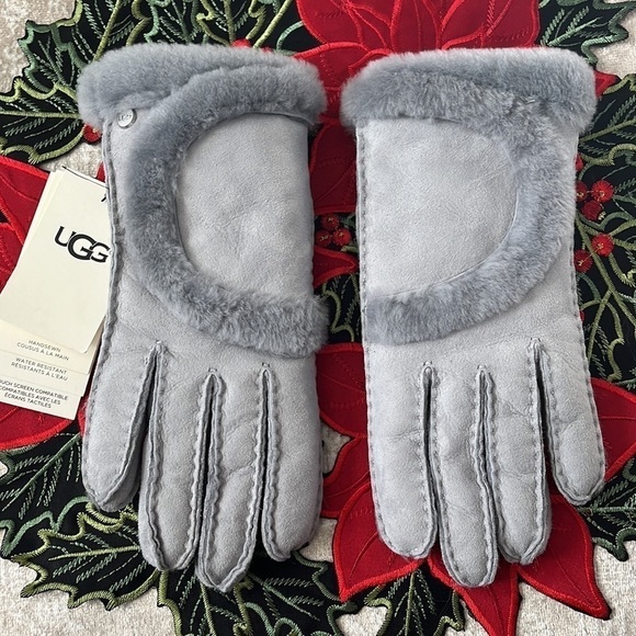 Brand New UGG Shearling Sheepskin Handsewn Touchscreen Gray Gloves Leather Trim - Picture 2 of 15